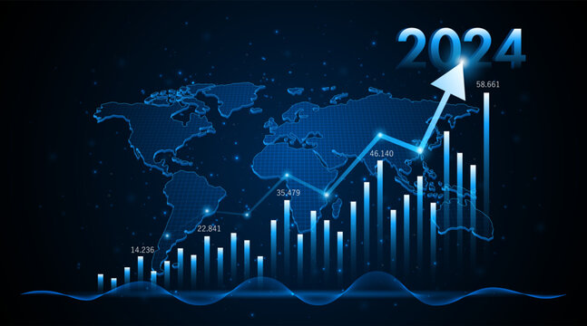 Arrow pointing upwards for future company growth in 2024. Stock market graph with rising candles. Ideas for growing a profitable business or investment	