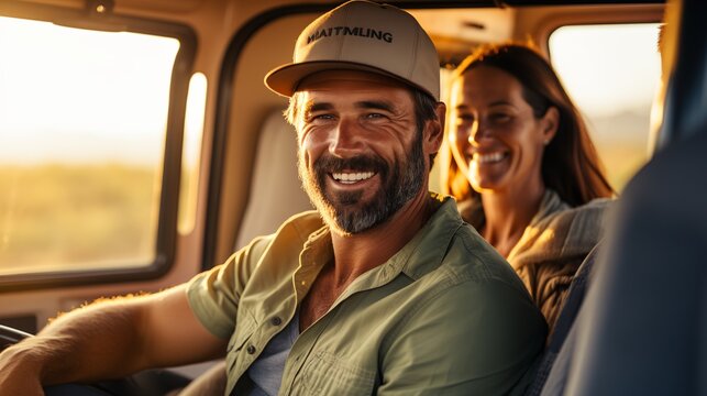 a man and a woman are smiling in a vehicle together