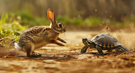 hare and tortoise enjoying a playful encounter on a sunny dirt path - obrazy, fototapety, plakaty