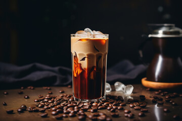 Ice coffee in a tall glass with cream poured over, ice cubes and beans on a old rustic wooden...