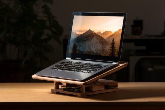 Laptop with a landscape wallpaper on a slanted wooden stand