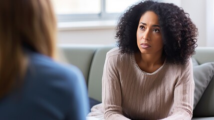 Photo of a young African American woman at an appointment with a psychologist. The psychotherapist listens carefully to the patient’s story. - Powered by Adobe