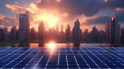 Solar panel array with a city skyline in background Ai Generative - obrazy, fototapety, plakaty