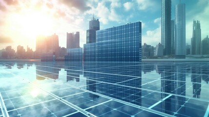 Fototapeta na wymiar Solar panels with city skyline in background Ai Generative