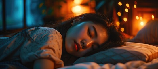 Young Asian woman peacefully sleeping in a cozy bedroom, having sweet dreams and a restful night's sleep. - obrazy, fototapety, plakaty