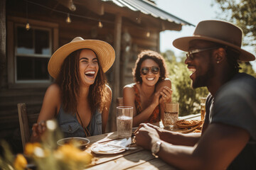 three people laugh as they sit at a table while enjoying some food outdoors