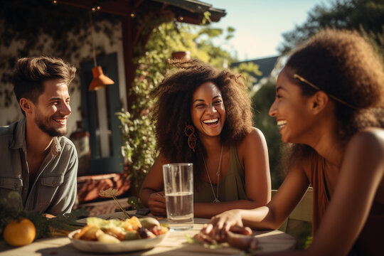 Three People Laugh As They Sit At A Table While Enjoying Some Food Outdoors