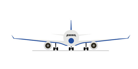 Passenger airplane, front view. Flat vector illustration of aeroplane with portholes, wings and engines
