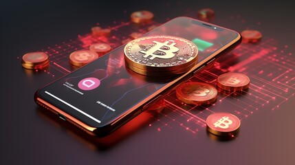 a phone with a bitcoin on it - obrazy, fototapety, plakaty