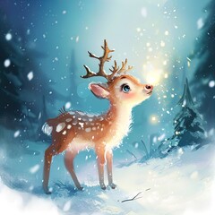 little reindeer with magic horns, winter night, radiance, illustration for a children's book,