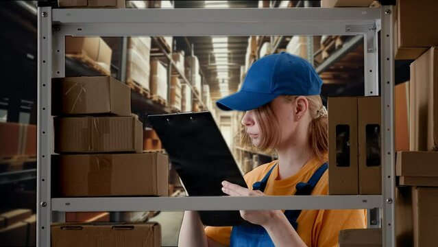 Portrait of female model working in storage. Girl storekeeper in uniform standing near rack with boxes, checks goods writing in blank.