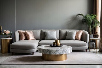 Gray fabric sofa and marble stone coffee table. Hollywood regency style interior design of modern living room.