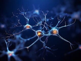 Nerve cells with light cores on dark blue background, science background