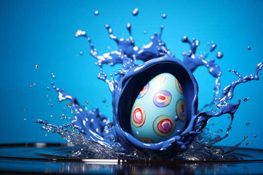AI Generated Image. Easter egg splashing into the blue paint
