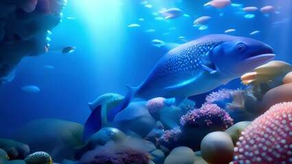A large fish swims among vibrant coral and tropical fish in a tranquil underwater scene