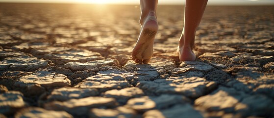 Bare feet walk on the dry desert floor due to drought. Climate change concept - obrazy, fototapety, plakaty