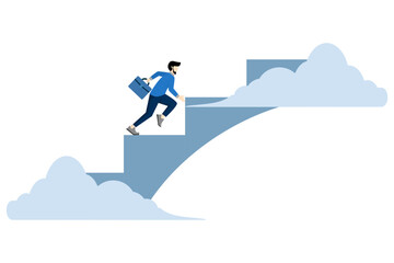 Businessman running with a suitcase up the stairs towards the sky, positive thinking to look for opportunities, inspiration for success, imagination and creativity to build hope and a bright future.