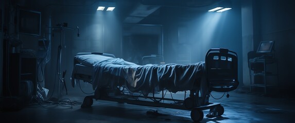 a hospital bed in a dark room