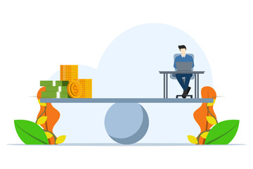 Work and life balance concept, businessman working hard at busy desk balancing dollar bill salary, wage, salary or income, working for money or motivating incentives to work overtime. flat vector.
