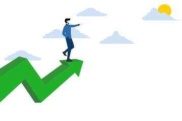 Fototapeta premium business leadership concept. businessman standing on arrow and pointing forward symbol of the future, leader achieving goals, increasing motivation, target achievement, success. vector illustration.