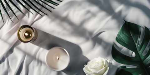 Elegant composition of lit candles, a pristine white rose, and lush green foliage on a textured fabric