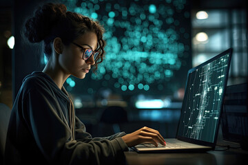 Female coder immersed in software development on a laptop