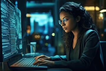 Focused programmer working on complex code at night - obrazy, fototapety, plakaty