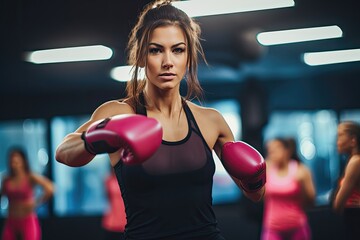Female boxer training in the gym with pink gloves