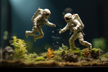 Fototapeta na wymiar Oceanic Odyssey: Toy Figures of Divers at the Bottom of the Aquarium - Underwater concept small toy scene with macro photo miniature of tiny toy figures exploring the depths of an aquarium.