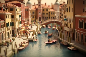 Fototapeta na wymiar Venetian Serenity: Streets and Canals of Venice - Cityscape concept small toy scene with macro photo miniature capturing the charm of Venetian streets and canals.