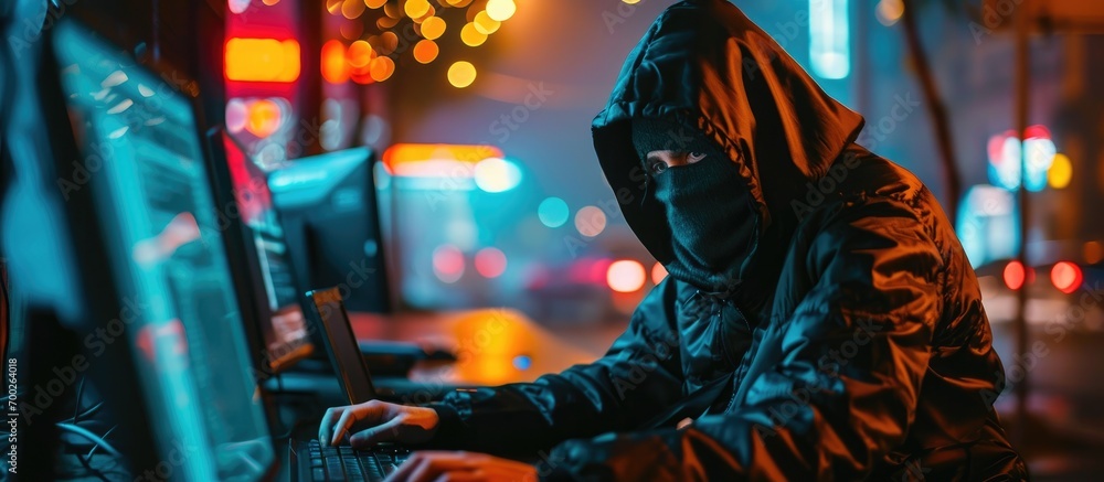 Aufkleber hacker with mask and balaclava stealing data from computer.