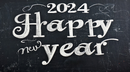 Fototapeta na wymiar Happy New Year date handwritten in a chalk writing text script on a wooden black chalkboard background for a calendar, poster or greeting card, stock illustration image