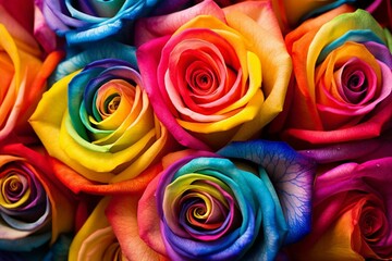 Vibrant roses in rainbow hues. Close-up shot. Generative AI