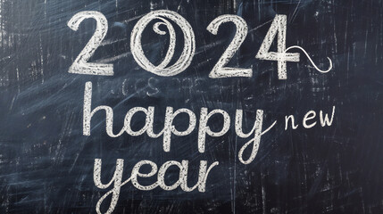 Happy New Year date handwritten in a chalk writing text script on a wooden black chalkboard background for a calendar, poster or greeting card, stock illustration image