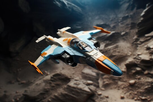 Galactic Intruders: Toy Space Attack Aircraft - Space concept small toy scene with macro photo miniature of a futuristic space attack aircraft engaging in an interstellar mission.