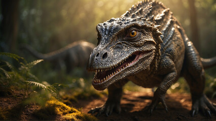 Dramatic majestic dinosaurs in raw beauty. Golden hour highlights prehistoric textures as a...