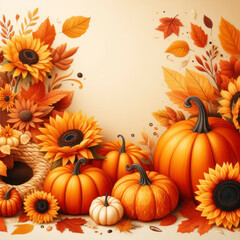 Naklejka na ściany i meble Joyful banner with warm seasonal colors, composition of pumpkins, fall leaves and sunflowers. ai generative
