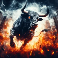 Foto op Aluminium An intense picture of an enraged bull amidst a turbulent stock market downturn. ai generative © Anna