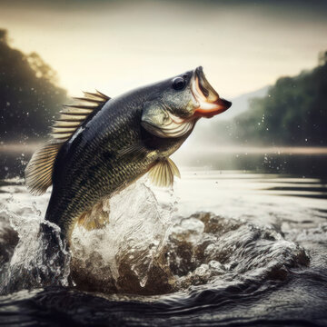 Black Bass Fish Jumping Out of River. ai generative