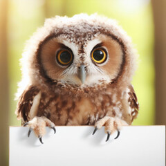 photo of a real a cute owl holding with blank white board. ai generative