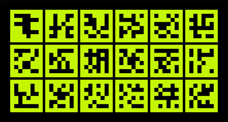 Pixels trend, QR - pattern, abstract, Minimal graphic design, cell 8 bit, rave, Sequence of QR codes on a green background. Green screen.  Maximalism style in neon color
