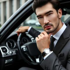 Professional driver near luxury car, close up. Chauffeur service. ai generative