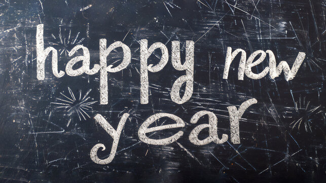 Happy New Year handwritten in a chalk writing text script on a wooden black chalkboard background for a calendar, poster or greeting card, stock illustration image