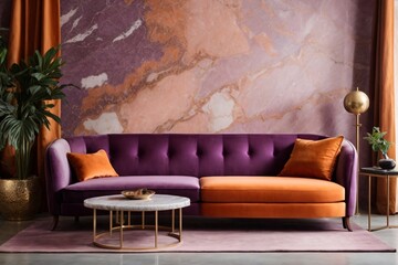 Purple and orange fabric sofa and marble stone coffee table. Hollywood regency style interior design of modern living room.