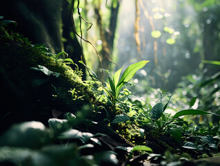 green plants and leaves in the forest view, close up landscape