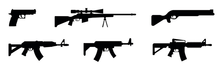 Set of modern vector illustration of an automatic gun. Vector illustration - obrazy, fototapety, plakaty