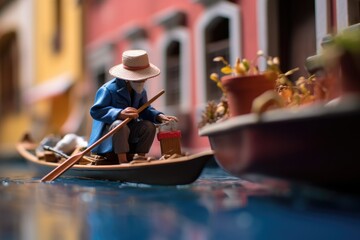 Venetian Serenade: Gondolier on a Boat Navigates the Canals of Venice - Travel concept small toy scene with macro photo miniature of a charming gondolier guiding a boat through the picturesque canals  - obrazy, fototapety, plakaty