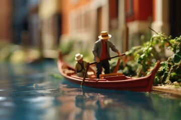 Venetian Serenade: Gondolier on a Boat Navigates the Canals of Venice - Travel concept small toy scene with macro photo miniature of a charming gondolier guiding a boat through the picturesque canals  - obrazy, fototapety, plakaty