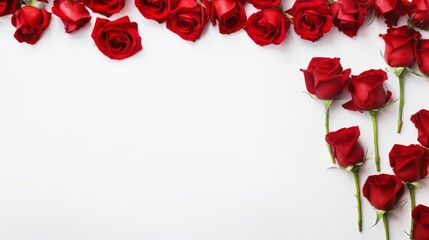 Fototapeta na wymiar Romantic red roses flat lay: valentine's day and birthday abstract background with copy space