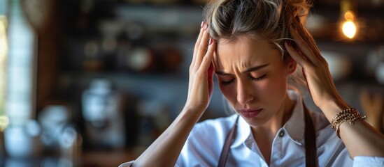A woman wearing an apron with a headache